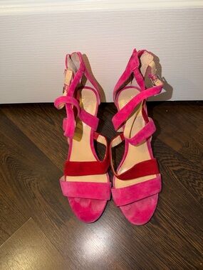 Vince Camuto Hot Pink Suede Strappy Heels with Red Accent